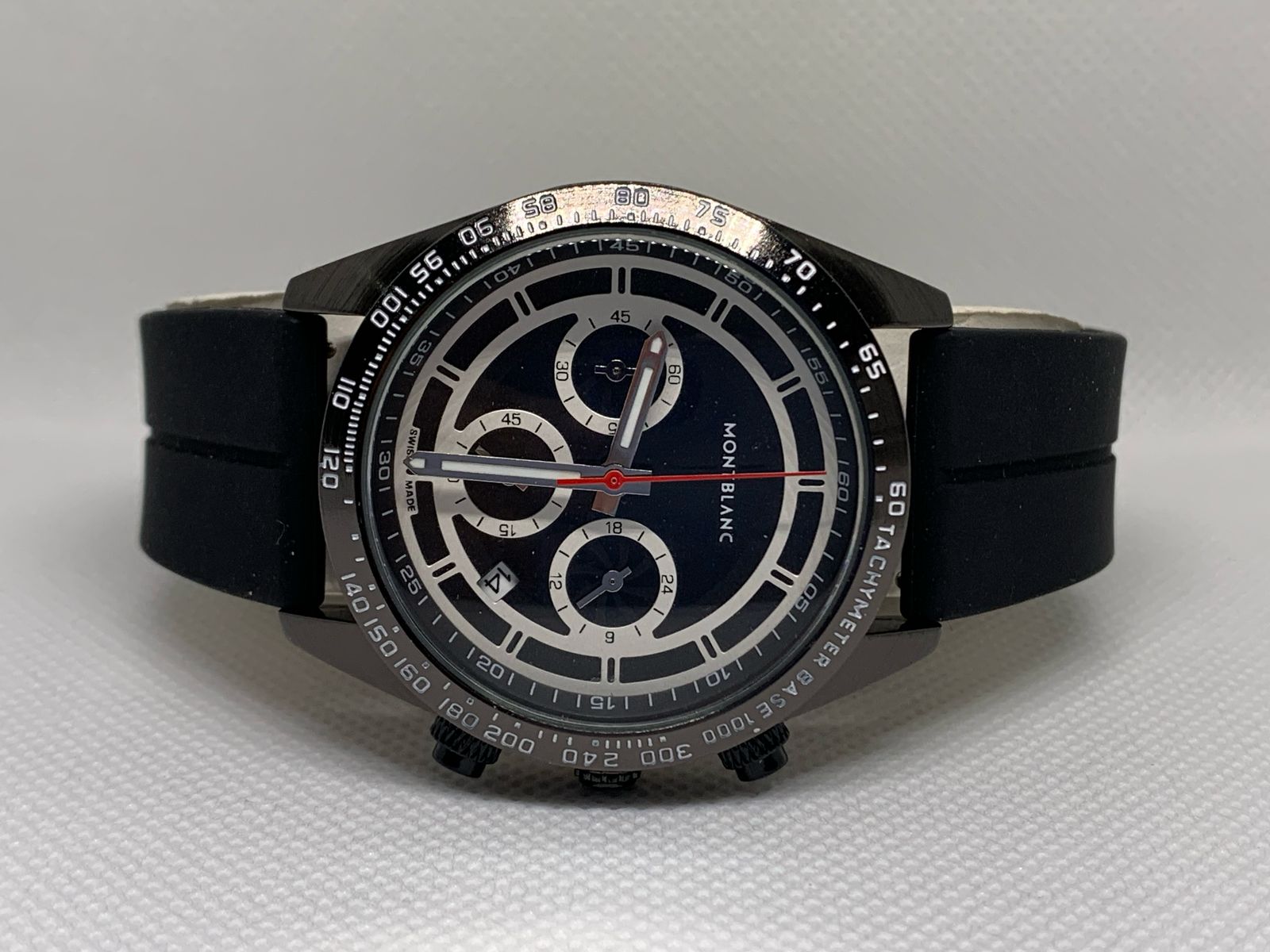 MONTBLANC 7034B Stainless Steel Water Resistant Black Rubber Band Sports Wrist Watch for Men with Functional Date & Stop Watch