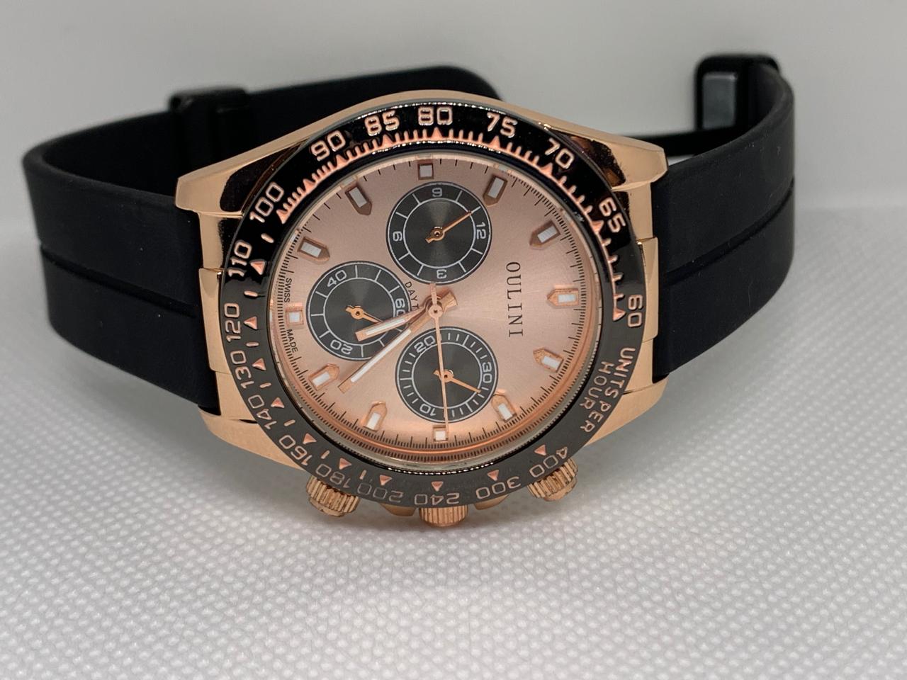 OULINI M595 Stainless Steel Water Resistant Stylish Black Robber Band Men Sports Wrist Watch