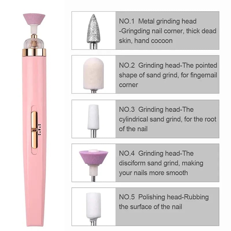 5 in 1 Electronic Nail File Kit – USB Rechargeable Manicure Pedicure Tool – Nail Drill Machine with 5 Heads