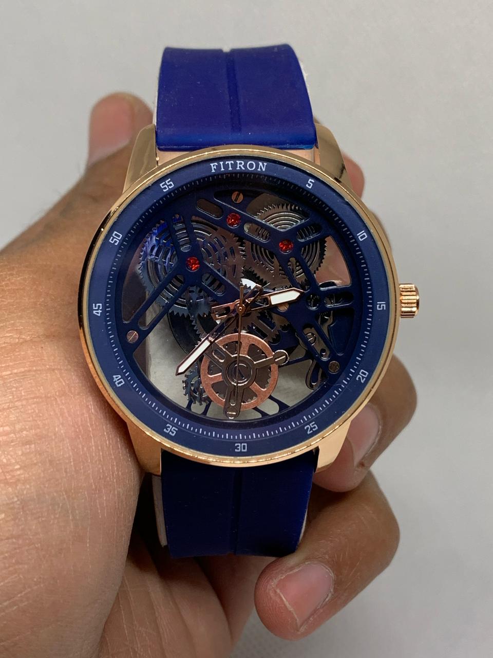 FITRON Transparent Glass Wrist Watch with Black and Blue Rubber Band