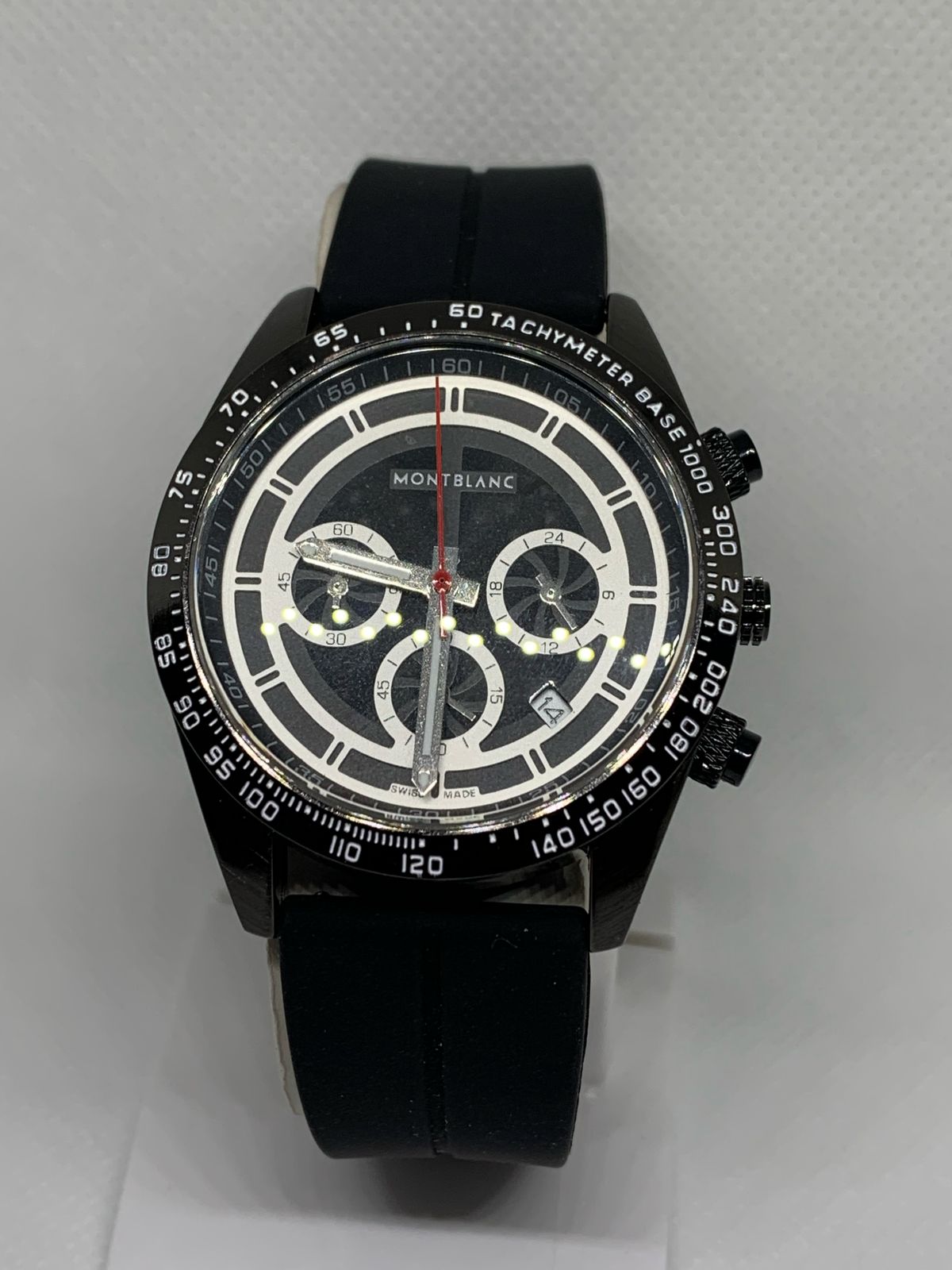 MONTBLANC 7034B Stainless Steel Water Resistant Black Rubber Band Sports Wrist Watch for Men with Functional Date & Stop Watch