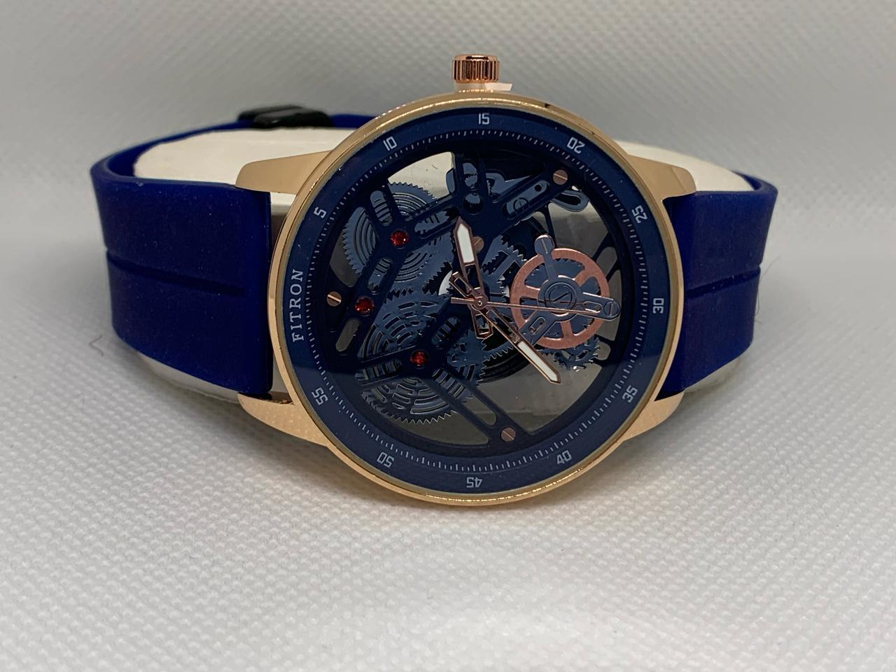 FITRON Transparent Glass Wrist Watch with Black and Blue Rubber Band