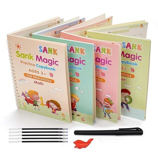 Sank Magic Practice Copybook Set – 4 Reusable Tracing Books + Pen, 10 Refills & Case | Alphabet, Numbers, Math & Drawing