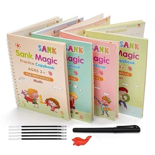 Sank Magic Practice Copybook Set – 4 Reusable Tracing Books + Pen, 10 Refills & Case | Alphabet, Numbers, Math & Drawing