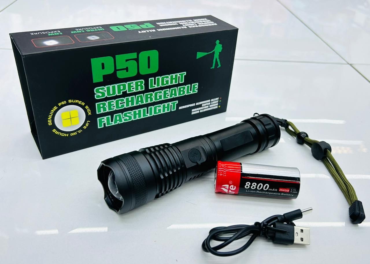 P50 – Super Light Rechargeable Flashlight Aluminum Body with Zoom Function 1000M Range & Three Modes