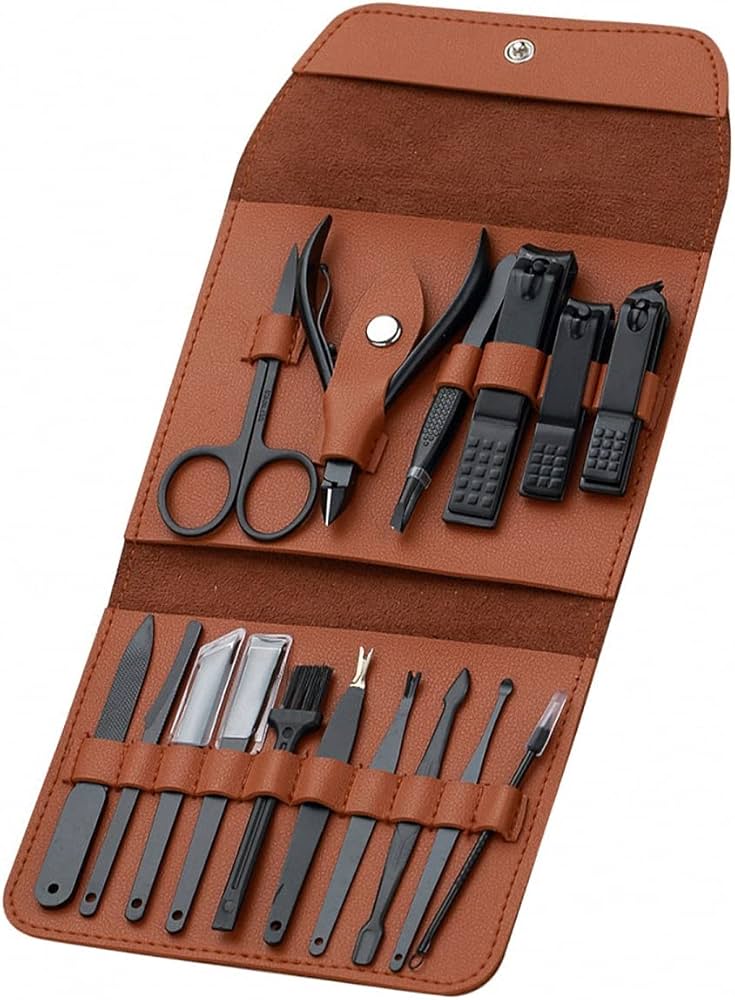16 PCS Manicure Pedicure Set | Stainless Steel Nail Cutter Grooming Kit with Leather Travel Case for Men & Women