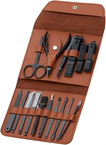16 PCS Manicure Pedicure Set | Stainless Steel Nail Cutter Grooming Kit with Leather Travel Case for Men & Women