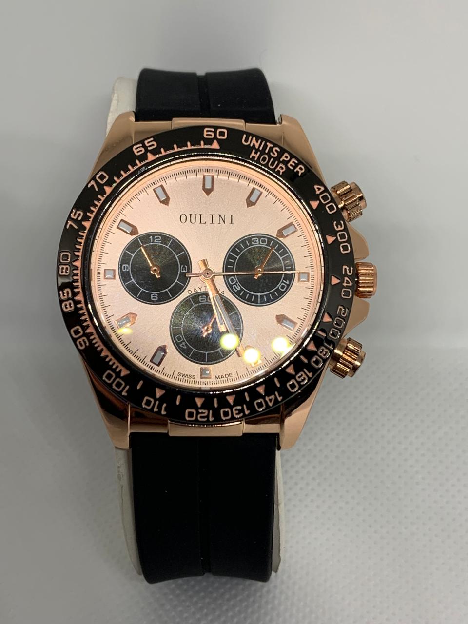 OULINI M595 Stainless Steel Water Resistant Stylish Black Robber Band Men Sports Wrist Watch