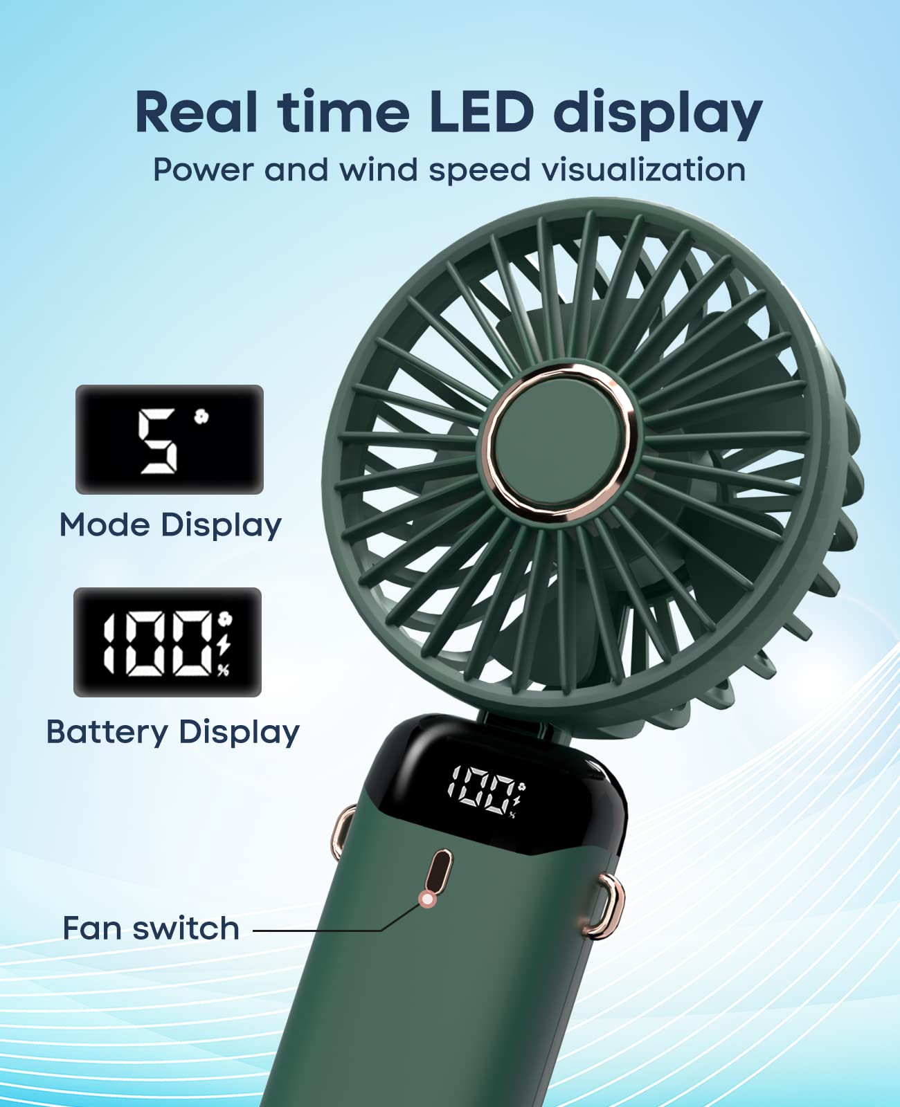 Portable & Foldable  USB Rechargeable   5 Modes   Electric Fan With Smart Led Digital Display &  Mobile Holder Stand