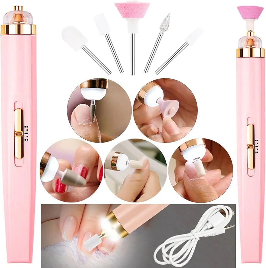5 in 1 Electronic Nail File Kit – USB Rechargeable Manicure Pedicure Tool – Nail Drill Machine with 5 Heads