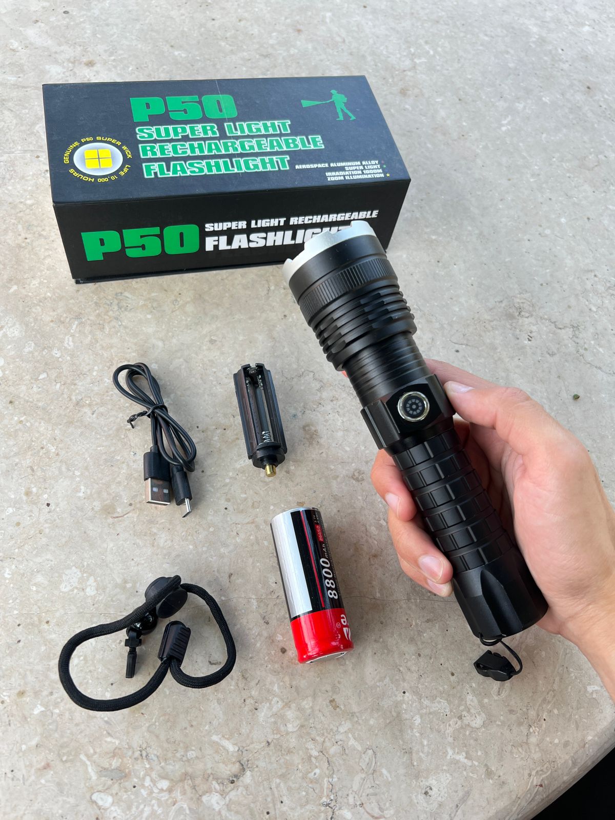 P50 – Super Light Rechargeable Flashlight Aluminum Body with Zoom Function 1000M Range & Three Modes