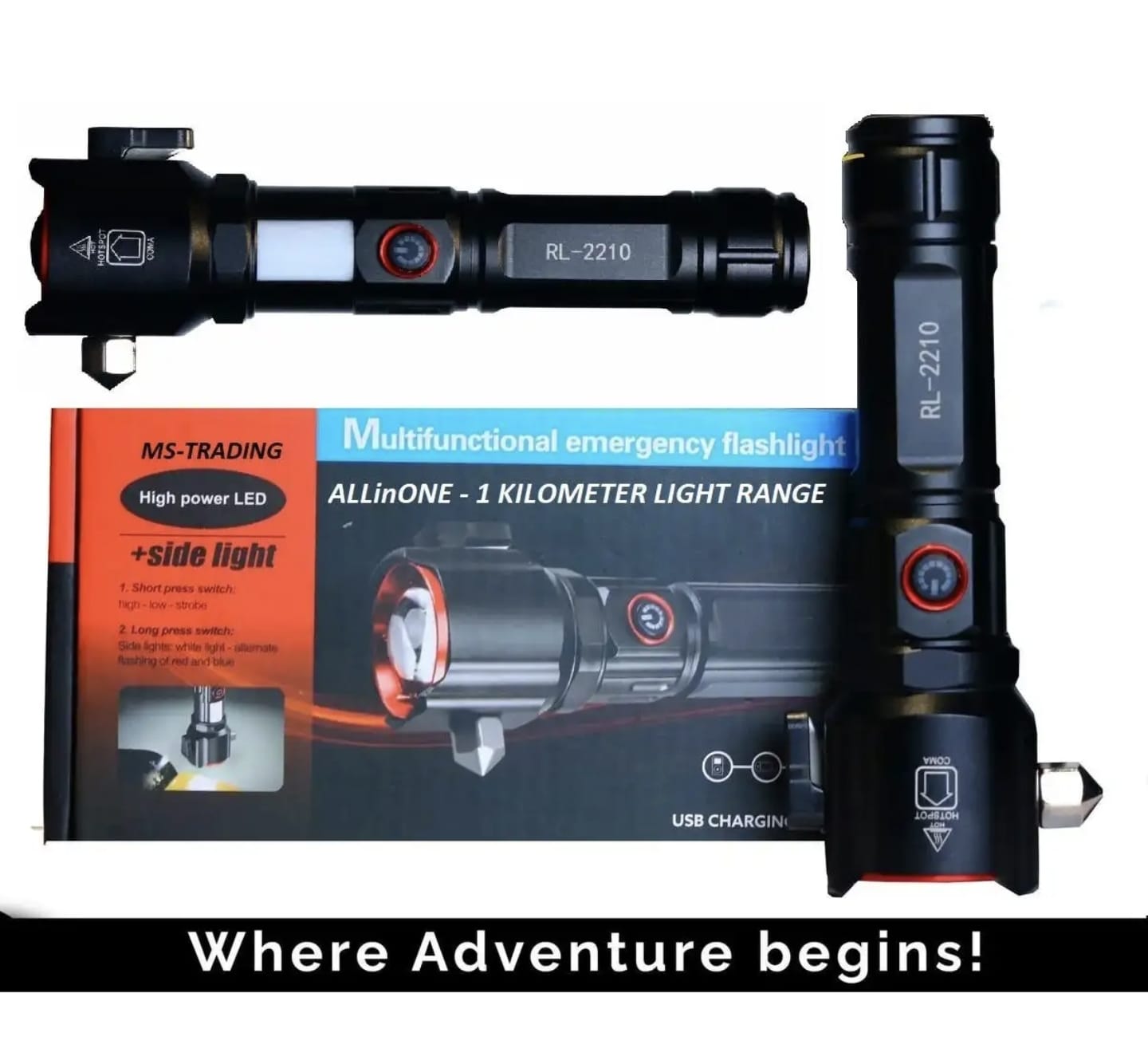 Rechargeable Multi Functional Emergency ABD 2210 Torch Imported 6-in-1 Flashlight & Power Bank - 2KM Range