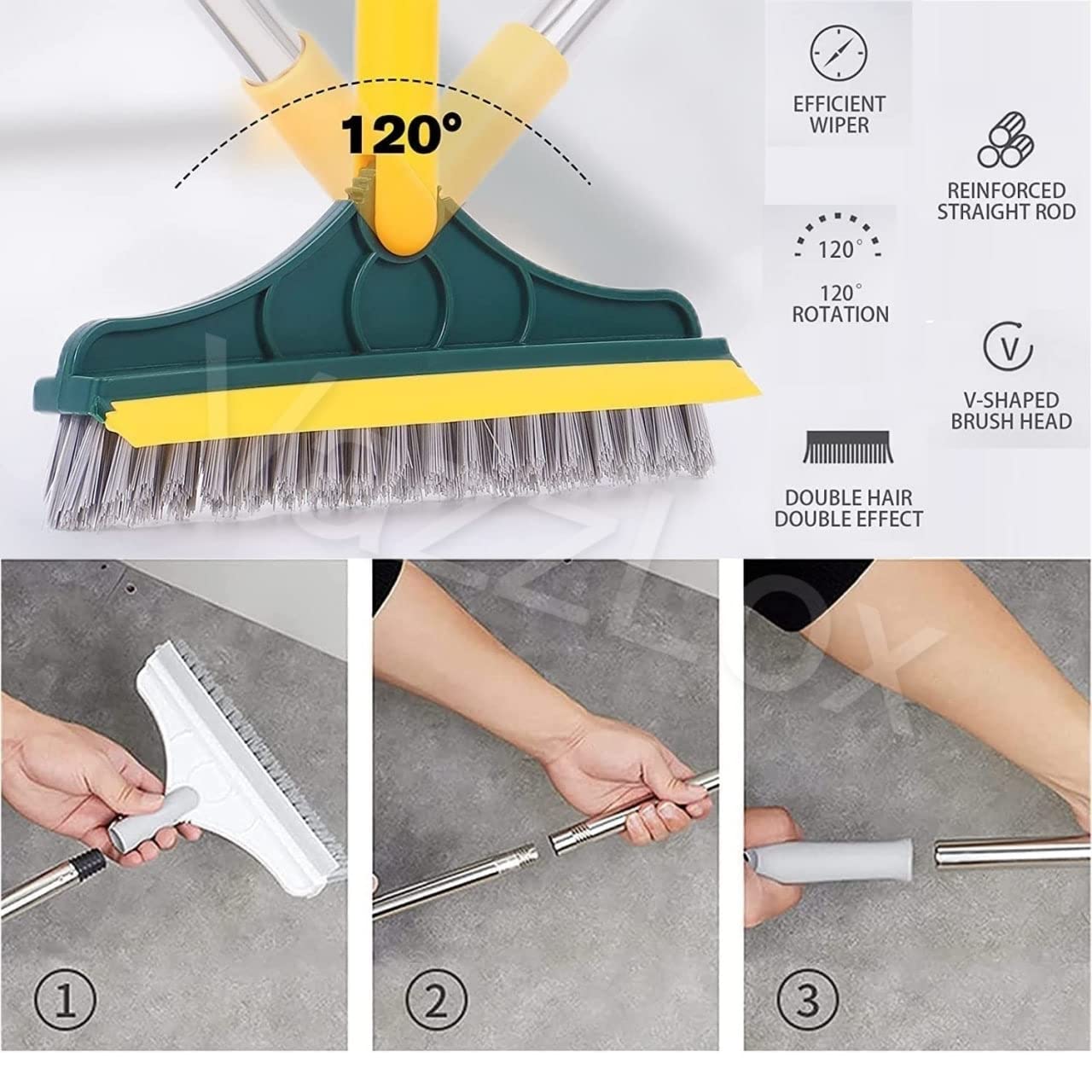 2 in 1 Bathroom Cleaning Brush with Wiper – Long Handle, 120° Rotating Floor & Tile Scrubber (Multicolor)