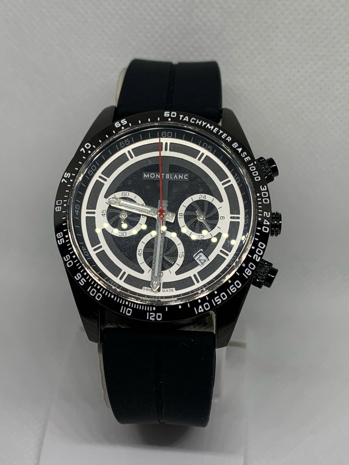 MONTBLANC 7034B Stainless Steel Water Resistant Black Rubber Band Sports Wrist Watch for Men with Functional Date & Stop Watch