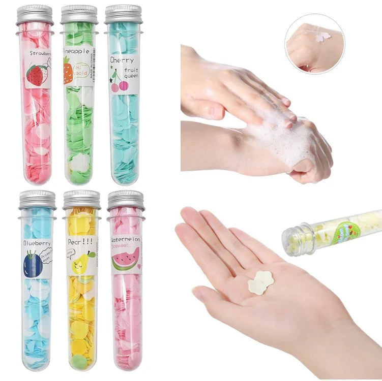 Disposable Mini Soap Paper – Portable Scented Bath Flakes in Flower Tube Bottle for Travel, Hand Wash & Outdoor Use (Assorted Colors)