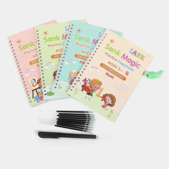 Sank Magic Practice Copybook Set – 4 Reusable Tracing Books + Pen, 10 Refills & Case | Alphabet, Numbers, Math & Drawing