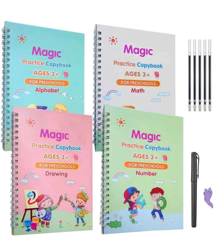 Sank Magic Practice Copybook Set – 4 Reusable Tracing Books + Pen, 10 Refills & Case | Alphabet, Numbers, Math & Drawing