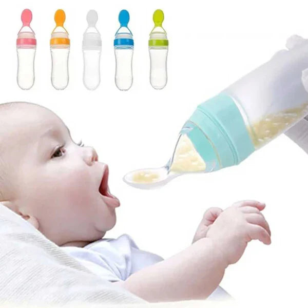 Baby Silicone Spoon Feeder Bottle – 90ml Soft Squeeze Feeding Bottle for Infants & Toddlers (Food & Cereal Dispenser)