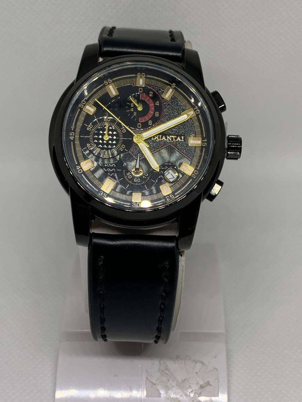 DUANTAI D935 Stainless Steel Water Resistant Wrist Watch in Black Leather Band with Functional Date & Stop Watch