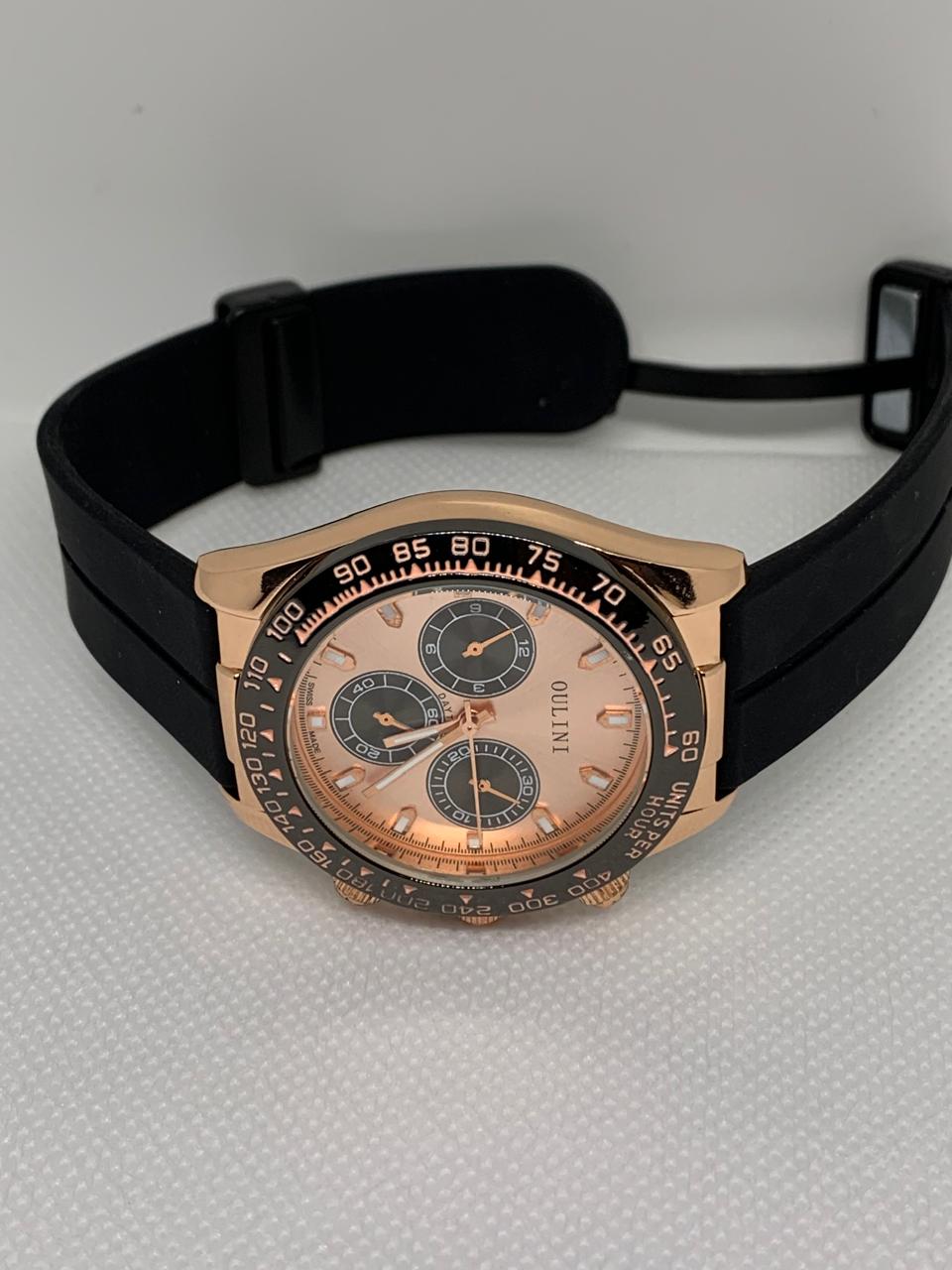 OULINI M595 Stainless Steel Water Resistant Stylish Black Robber Band Men Sports Wrist Watch