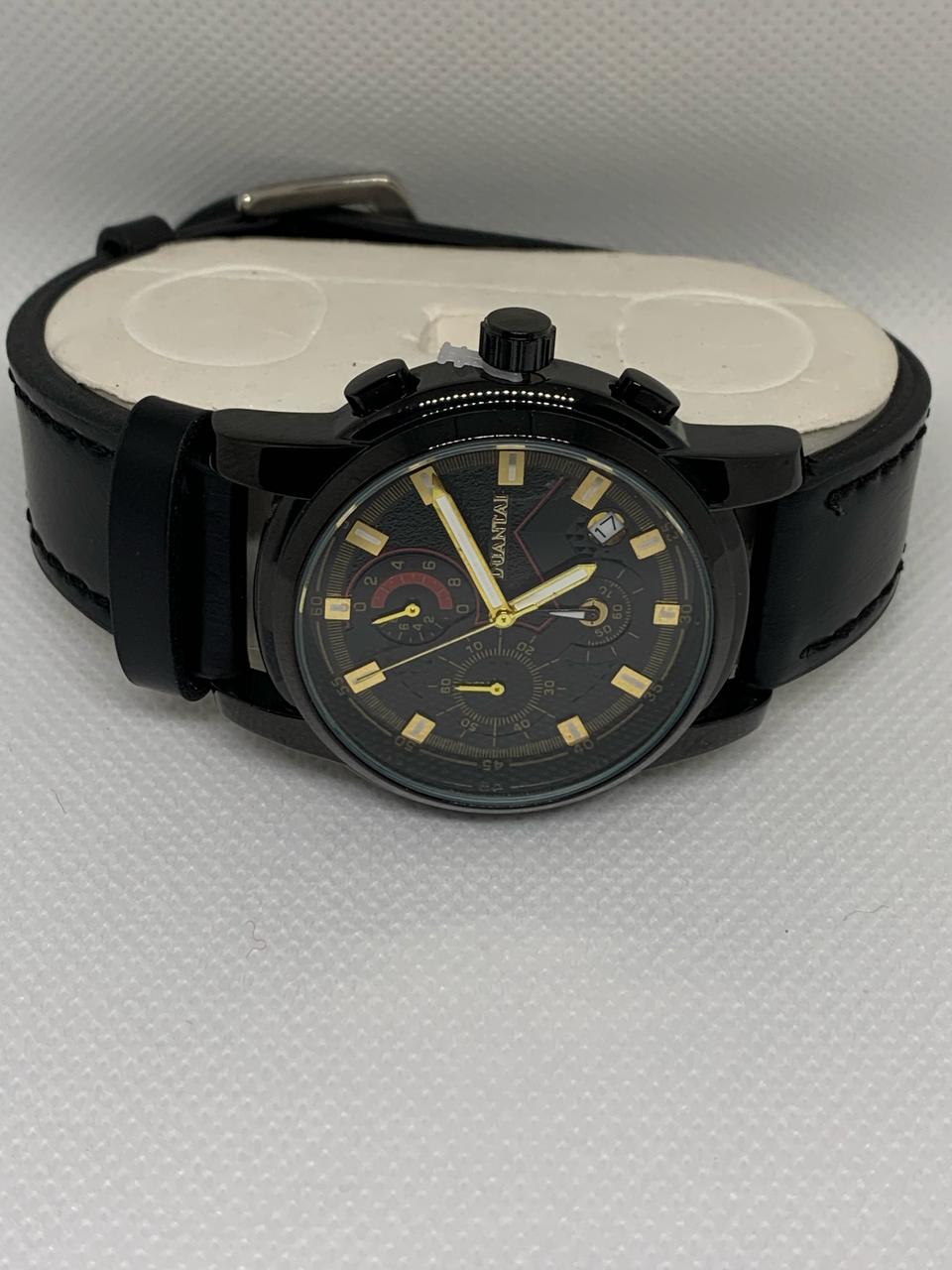 DUANTAI D935 Stainless Steel Water Resistant Wrist Watch in Black Leather Band with Functional Date & Stop Watch