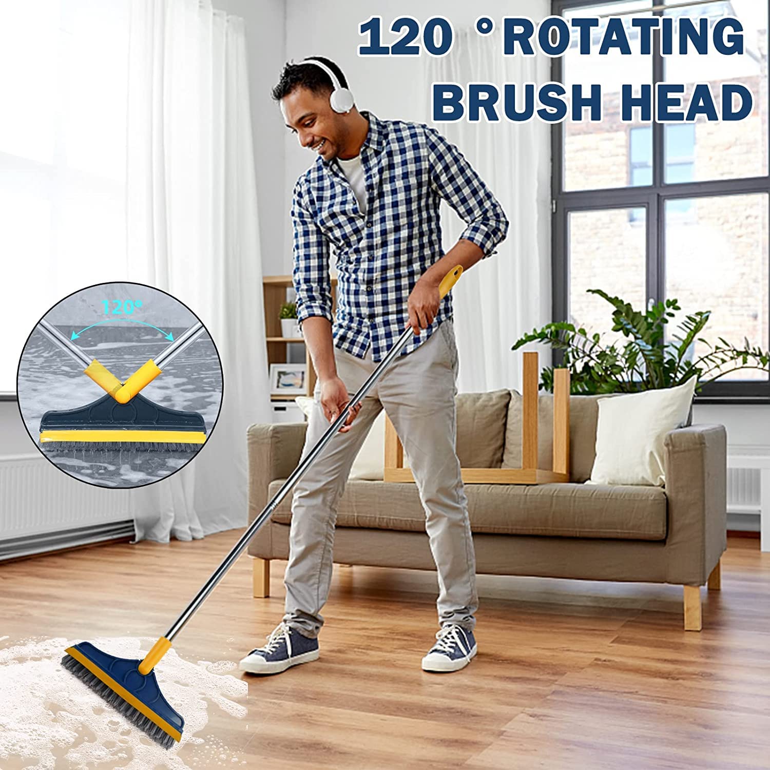 2 in 1 Bathroom Cleaning Brush with Wiper – Long Handle, 120° Rotating Floor & Tile Scrubber (Multicolor)