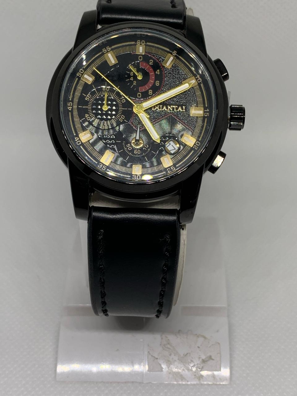 DUANTAI D935 Stainless Steel Water Resistant Wrist Watch in Black Leather Band with Functional Date & Stop Watch