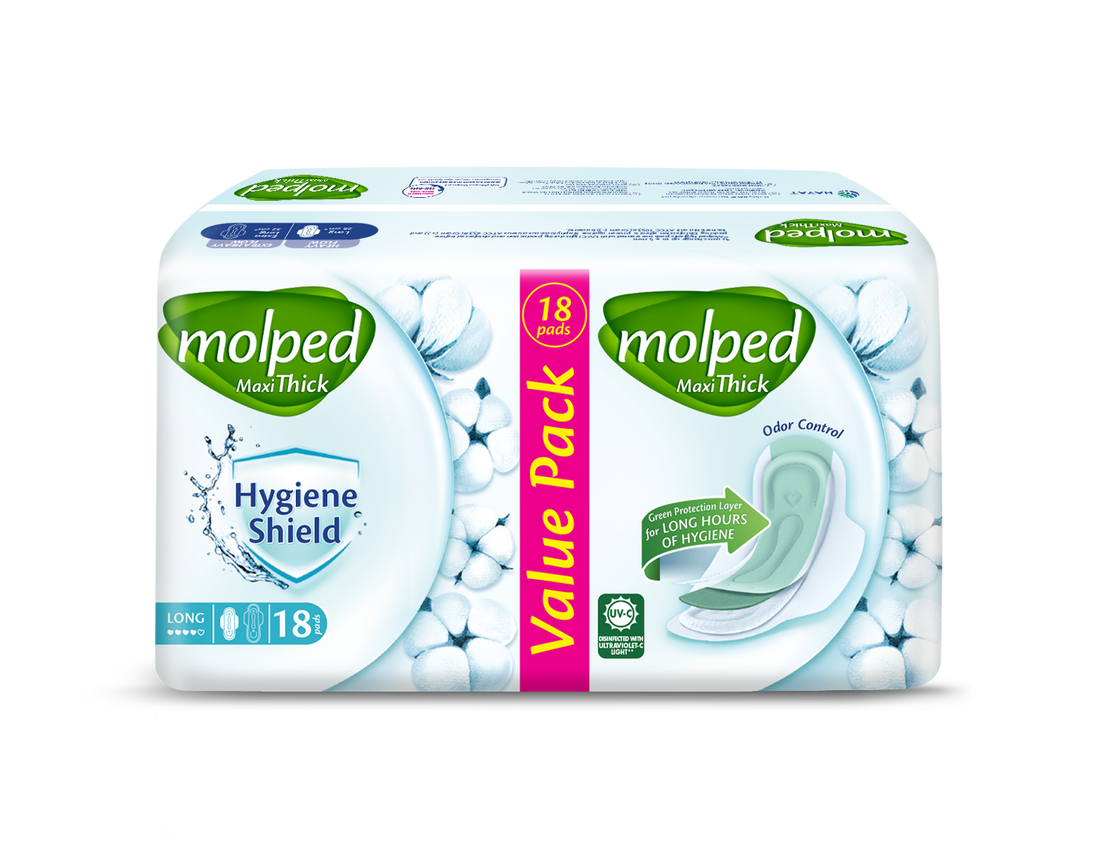 Molped Maxi Thick Hygiene Shield Long 18 Pads, Extra Long, 16 Pads, Value Pack