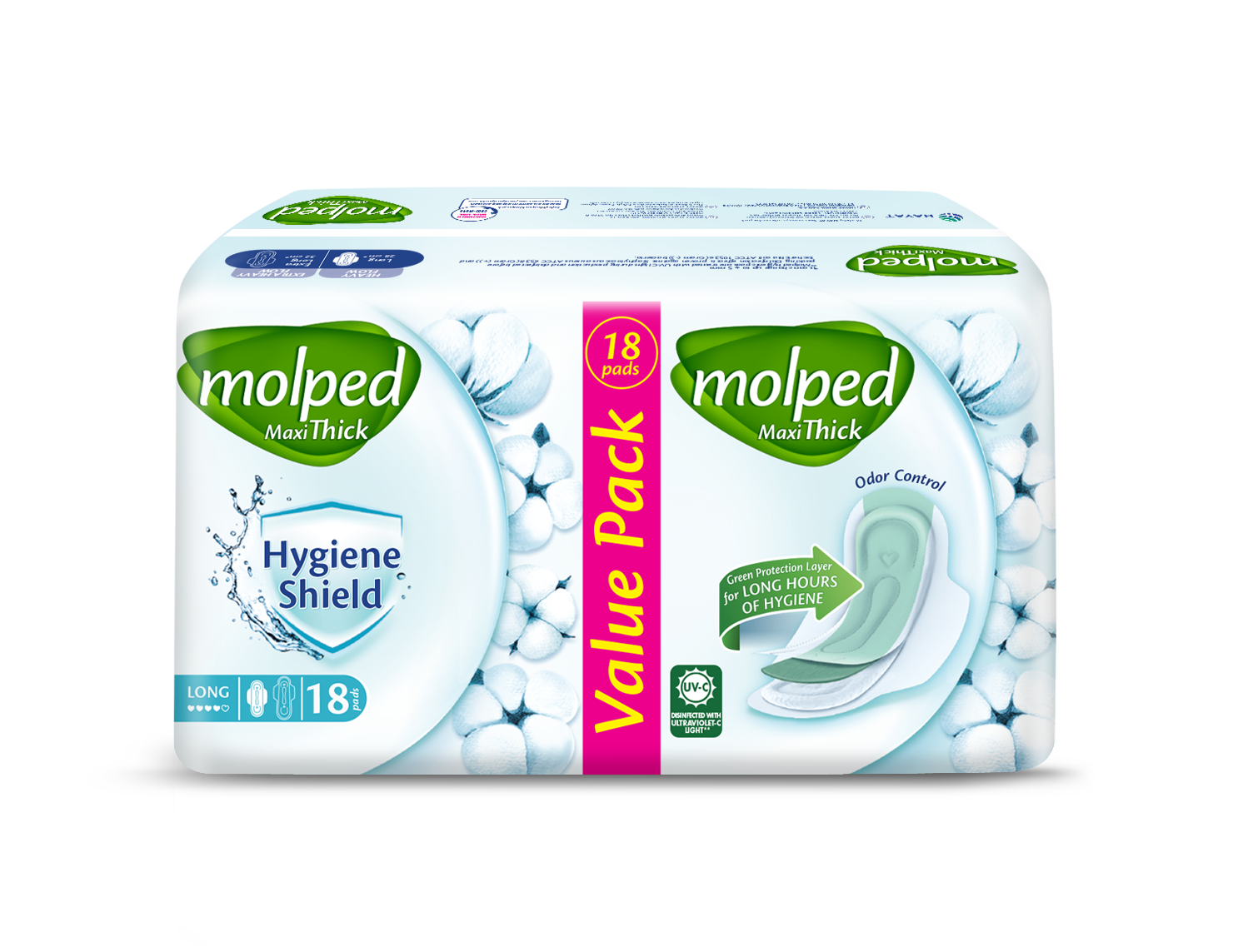 Molped Maxi Thick Hygiene Shield Long 18 Pads, Extra Long, 16 Pads, Value Pack