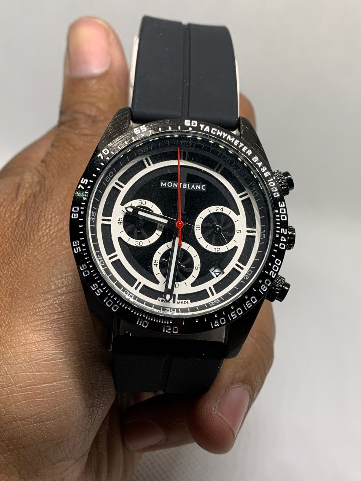 MONTBLANC 7034B Stainless Steel Water Resistant Black Rubber Band Sports Wrist Watch for Men with Functional Date & Stop Watch