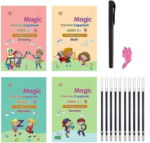 Sank Magic Practice Copybook Set – 4 Reusable Tracing Books + Pen, 10 Refills & Case | Alphabet, Numbers, Math & Drawing