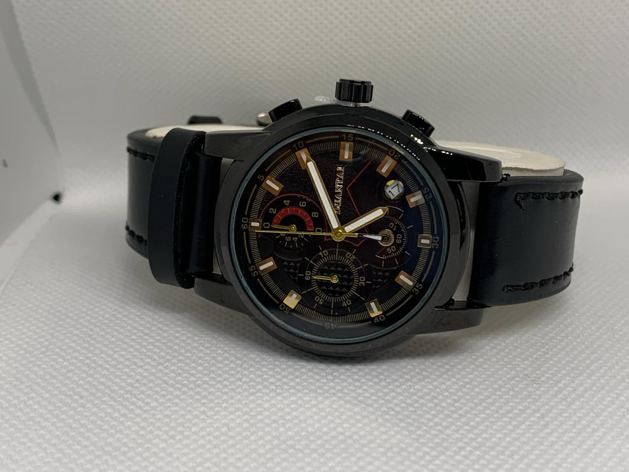 DUANTAI D935 Stainless Steel Water Resistant Wrist Watch in Black Leather Band with Functional Date & Stop Watch