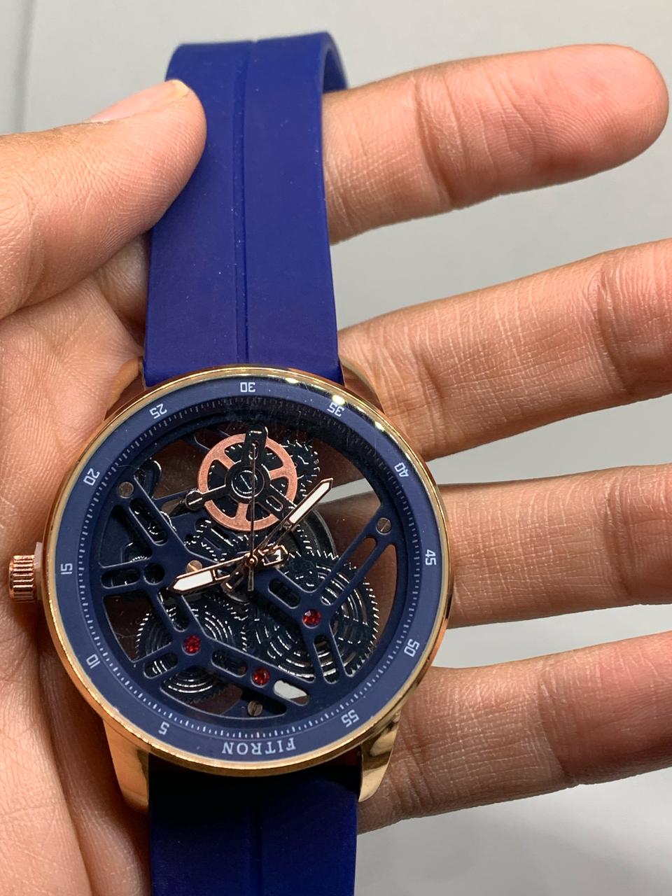 FITRON Transparent Glass Wrist Watch with Black and Blue Rubber Band