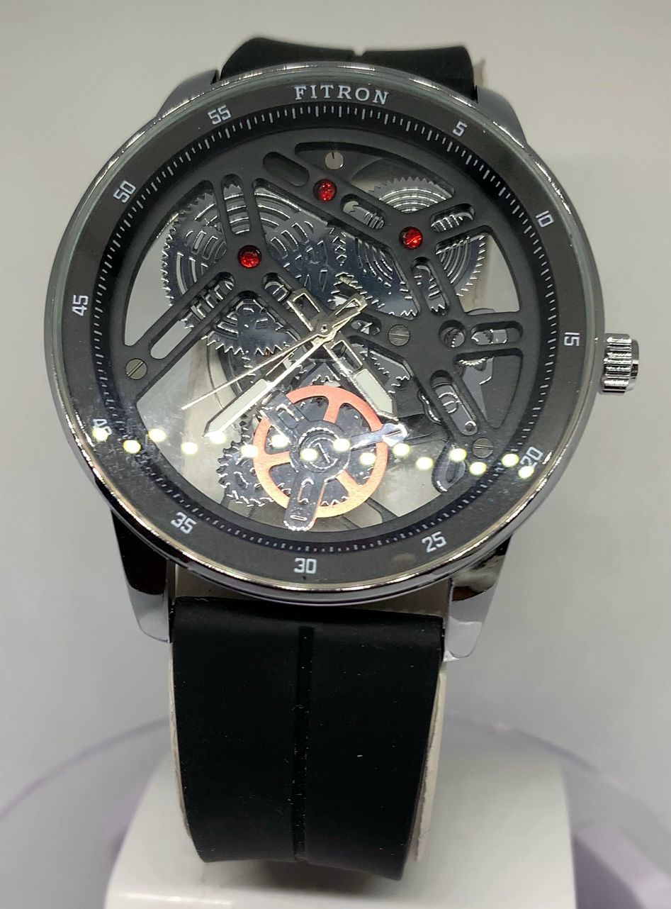 FITRON Transparent Glass Wrist Watch with Black and Blue Rubber Band