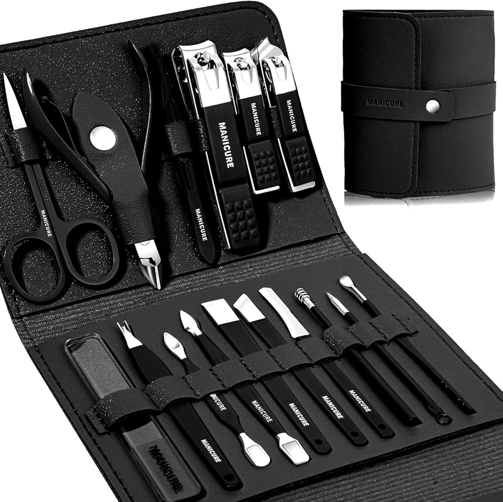 16 PCS Manicure Pedicure Set | Stainless Steel Nail Cutter Grooming Kit with Leather Travel Case for Men & Women