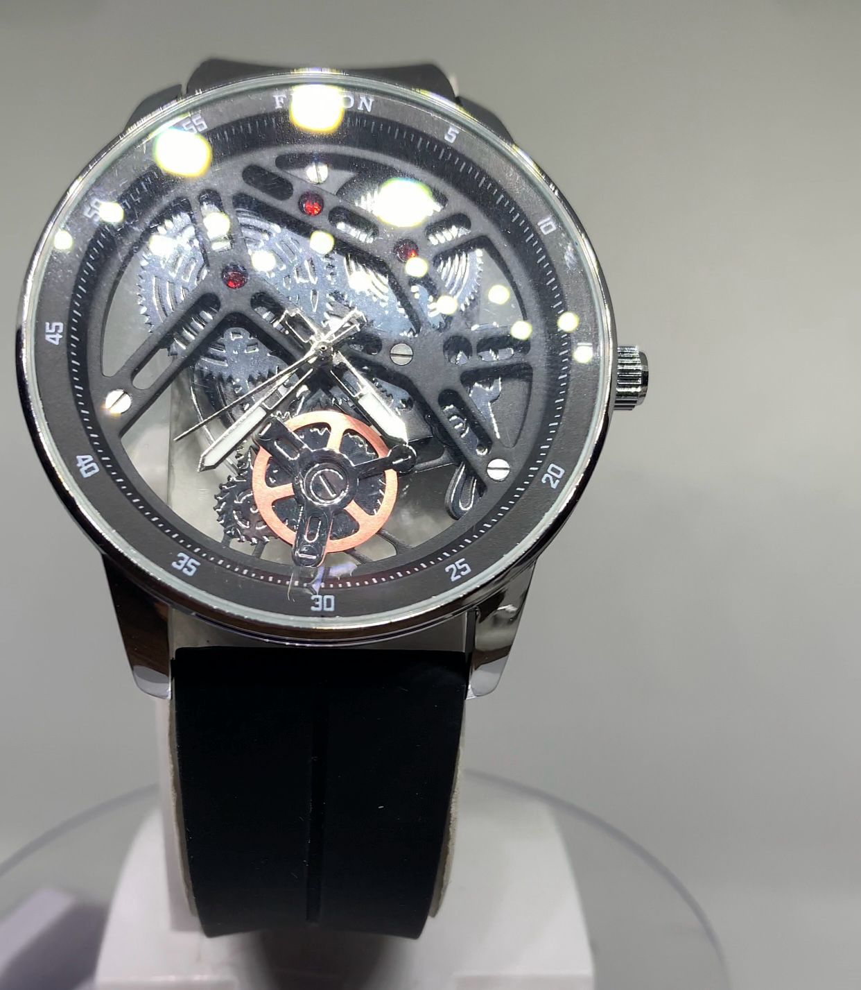 FITRON Transparent Glass Wrist Watch with Black and Blue Rubber Band