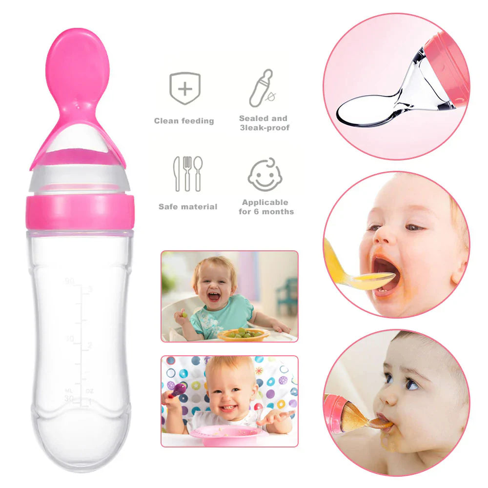 Baby Silicone Spoon Feeder Bottle – 90ml Soft Squeeze Feeding Bottle for Infants & Toddlers (Food & Cereal Dispenser)