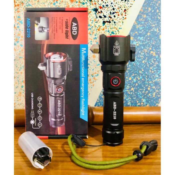 Rechargeable Multi Functional Emergency ABD 2210 Torch Imported 6-in-1 Flashlight & Power Bank - 2KM Range