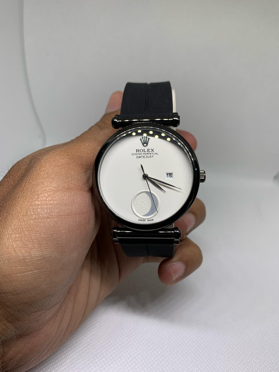 ROLEX 9070  OYSTER PERPETUAL DATE JUST Stainless Steel Water Resistant Black Rubber Band Wrist Watch with Functional Date