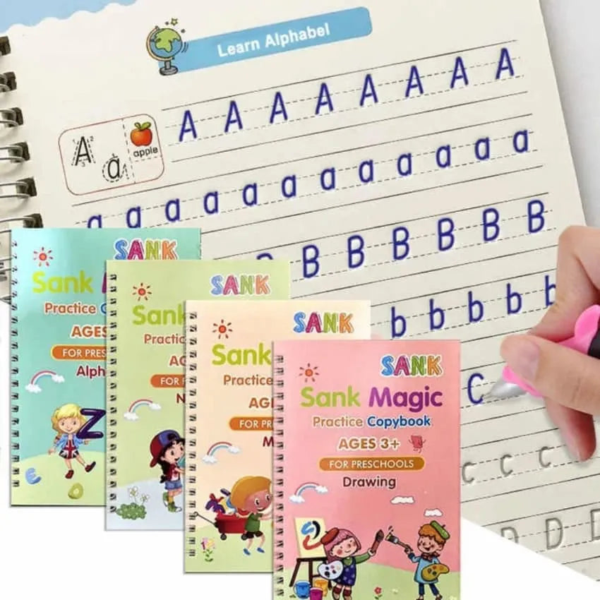 Sank Magic Practice Copybook Set – 4 Reusable Tracing Books + Pen, 10 Refills & Case | Alphabet, Numbers, Math & Drawing