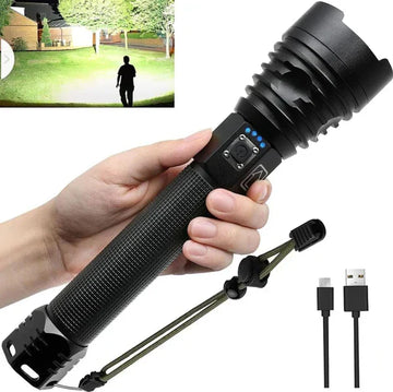 P90 LED Rechargeable Flashlight – High Lumens, 8800mAh Battery, Powerful Tactical Torch for Camping, Hiking & Emergency Use