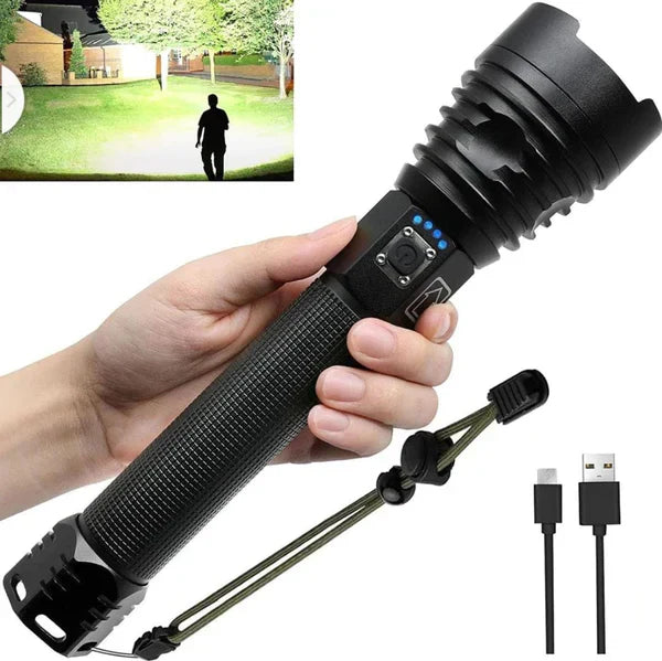 P90 LED Rechargeable Flashlight – High Lumens, 8800mAh Battery, Powerful Tactical Torch for Camping, Hiking & Emergency Use