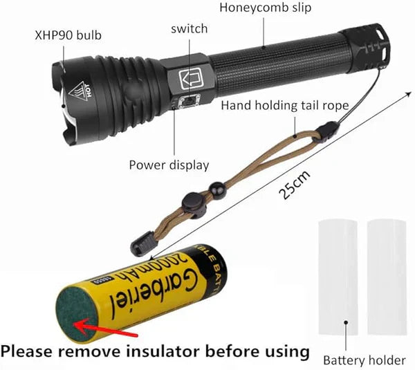 P90 LED Rechargeable Flashlight – High Lumens, 8800mAh Battery, Powerful Tactical Torch for Camping, Hiking & Emergency Use