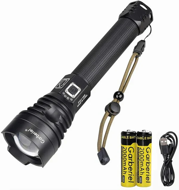 P90 LED Rechargeable Flashlight – High Lumens, 8800mAh Battery, Powerful Tactical Torch for Camping, Hiking & Emergency Use