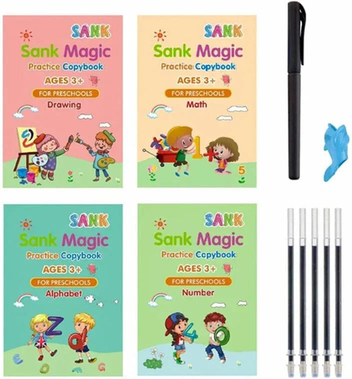Sank Magic Practice Copybook Set – 4 Reusable Tracing Books + Pen, 10 Refills & Case | Alphabet, Numbers, Math & Drawing