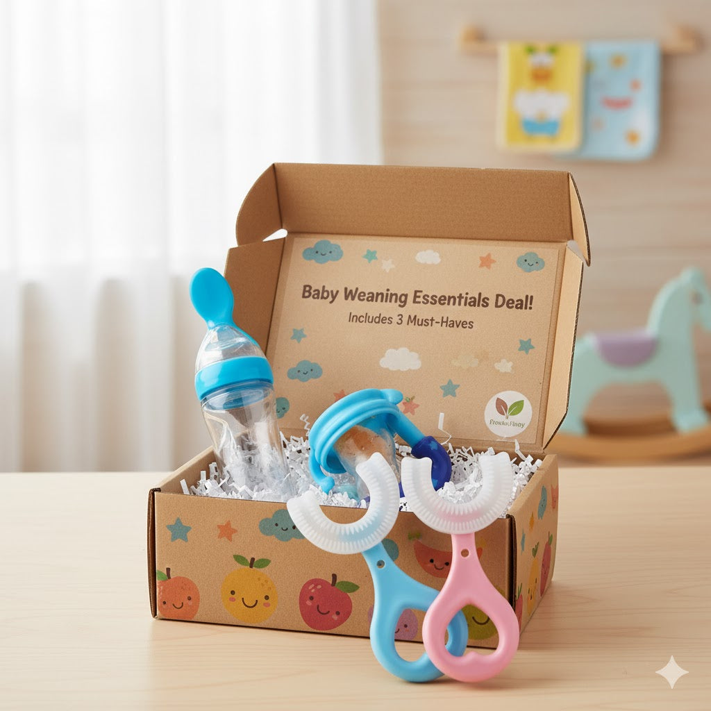 3-in-1 Baby Deal Box – Fruit Feeder Pacifier, Silicone Spoon Feeder & U-Shaped Toothbrush | Complete Baby Care Kit