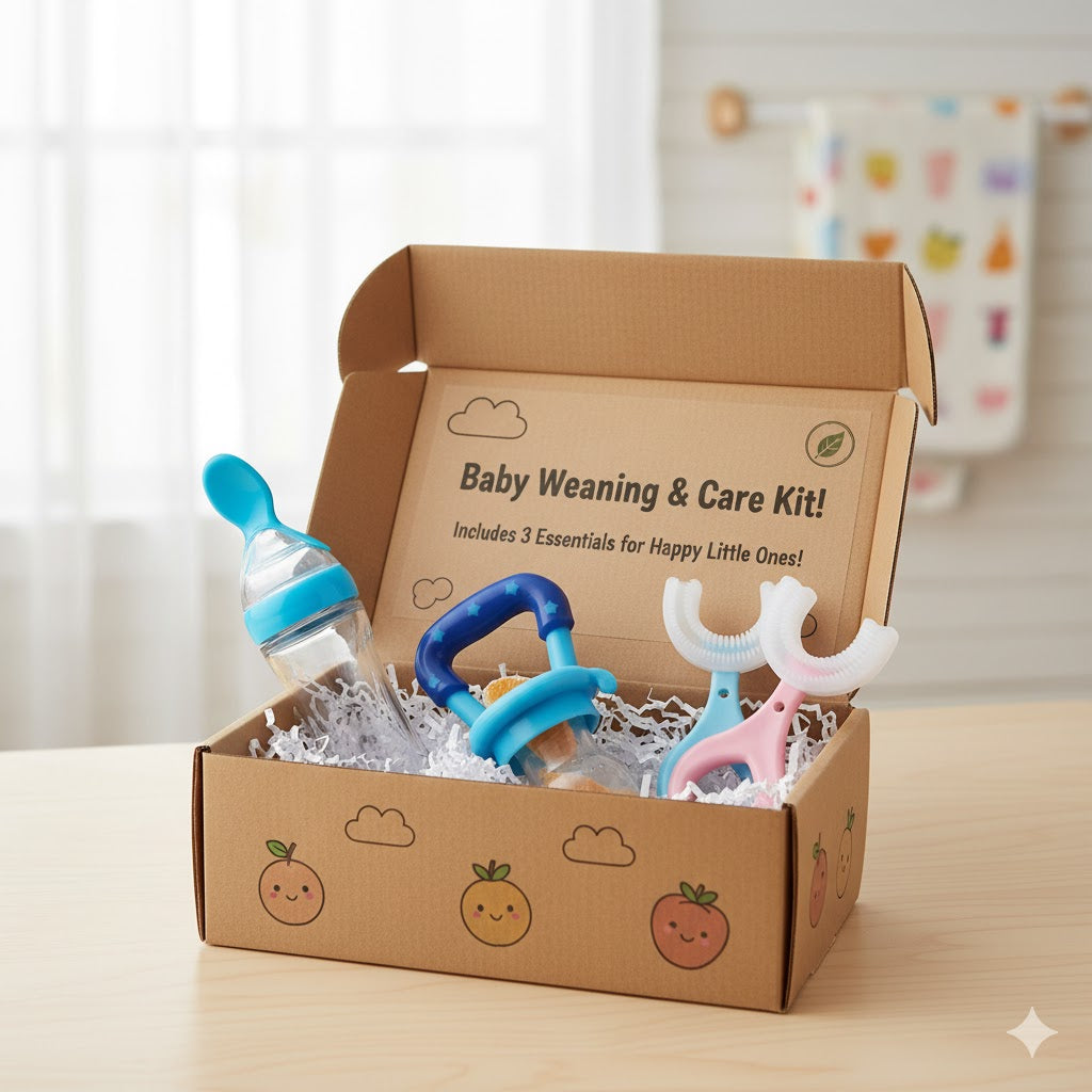 3-in-1 Baby Deal Box – Fruit Feeder Pacifier, Silicone Spoon Feeder & U-Shaped Toothbrush | Complete Baby Care Kit