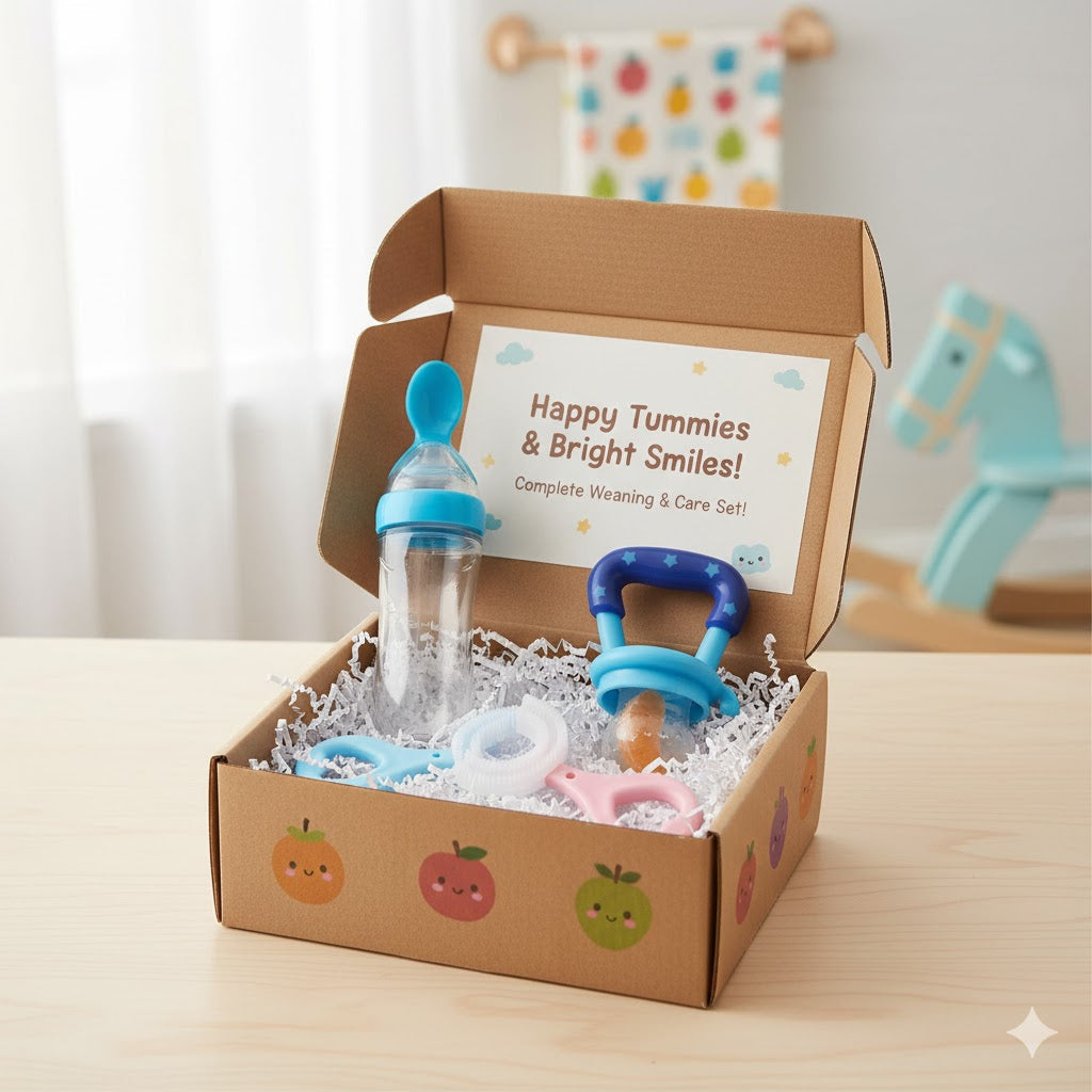 3-in-1 Baby Deal Box – Fruit Feeder Pacifier, Silicone Spoon Feeder & U-Shaped Toothbrush | Complete Baby Care Kit